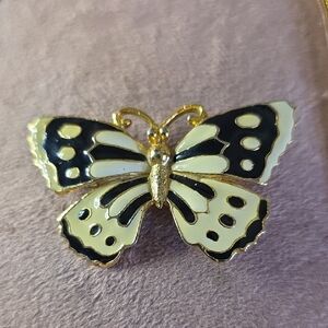 Vintage Gold-Tone Black & Cream Enamel Butterfly Brooch